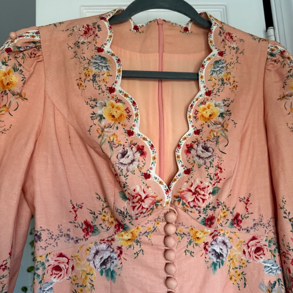 Zimmermann Zinnia Scallop Mini Dress Pink Floral Long Sleeve Linen - Size XS - Picture 5 of 15